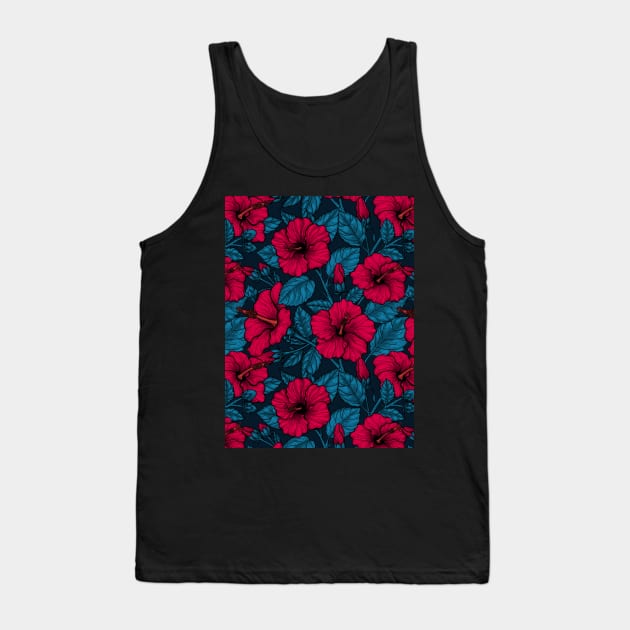 Red hibiscus flowers on dark blue Tank Top by katerinamk